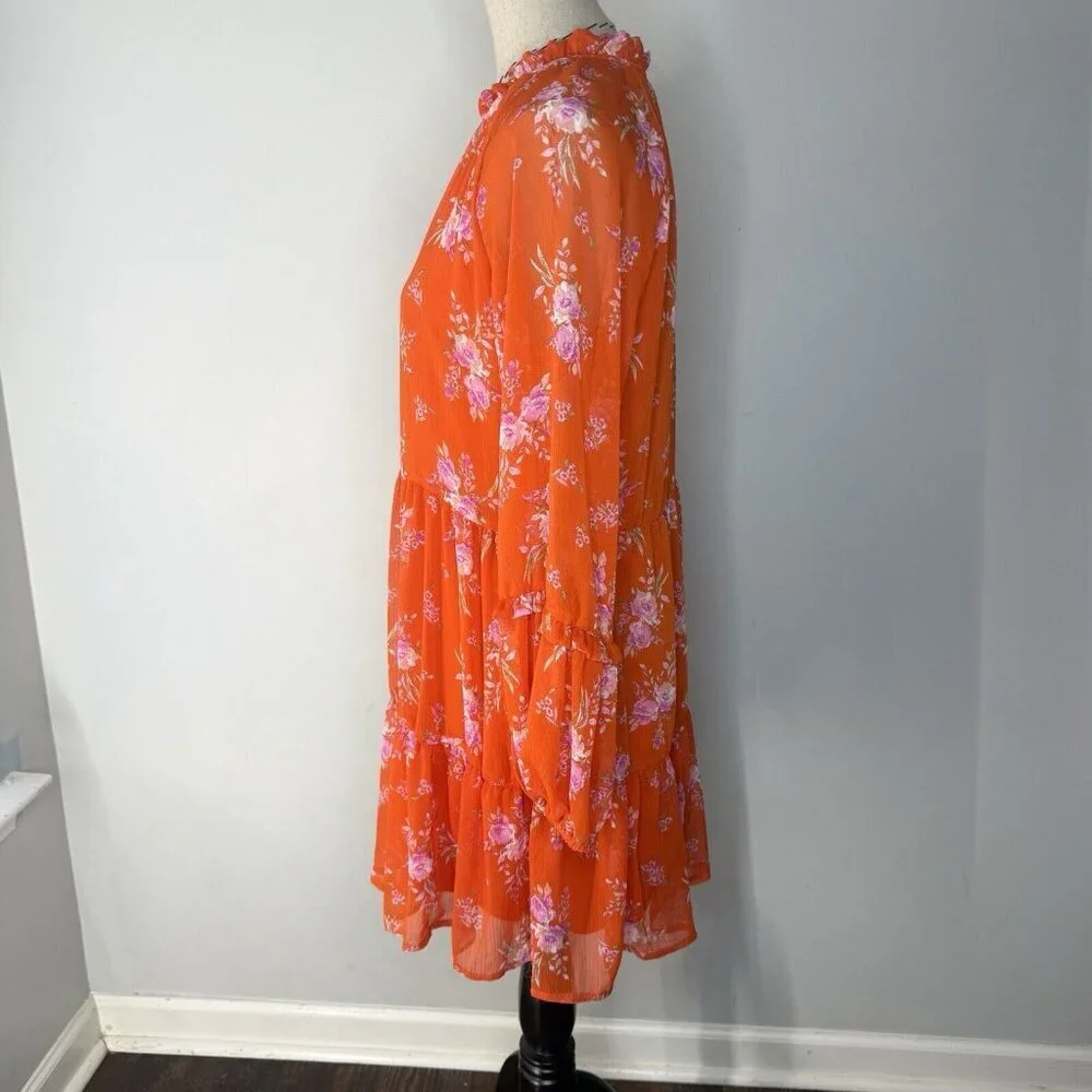 Vince Camuto Mini Short Floral Tiered Ruffle Shift Dress Orange NWT Sz M - Picture 5 of 10